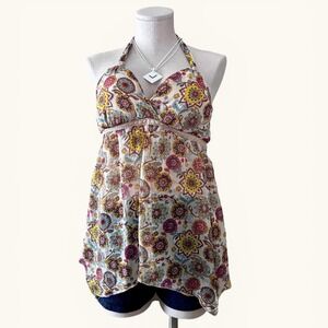 Boho Floral Halter Top Babydoll Empire Waist Indie Festival